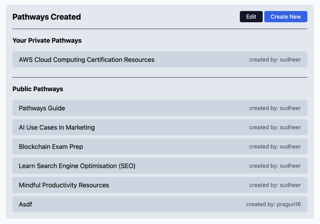 Screenshot of the Self Learning Platform software user home page