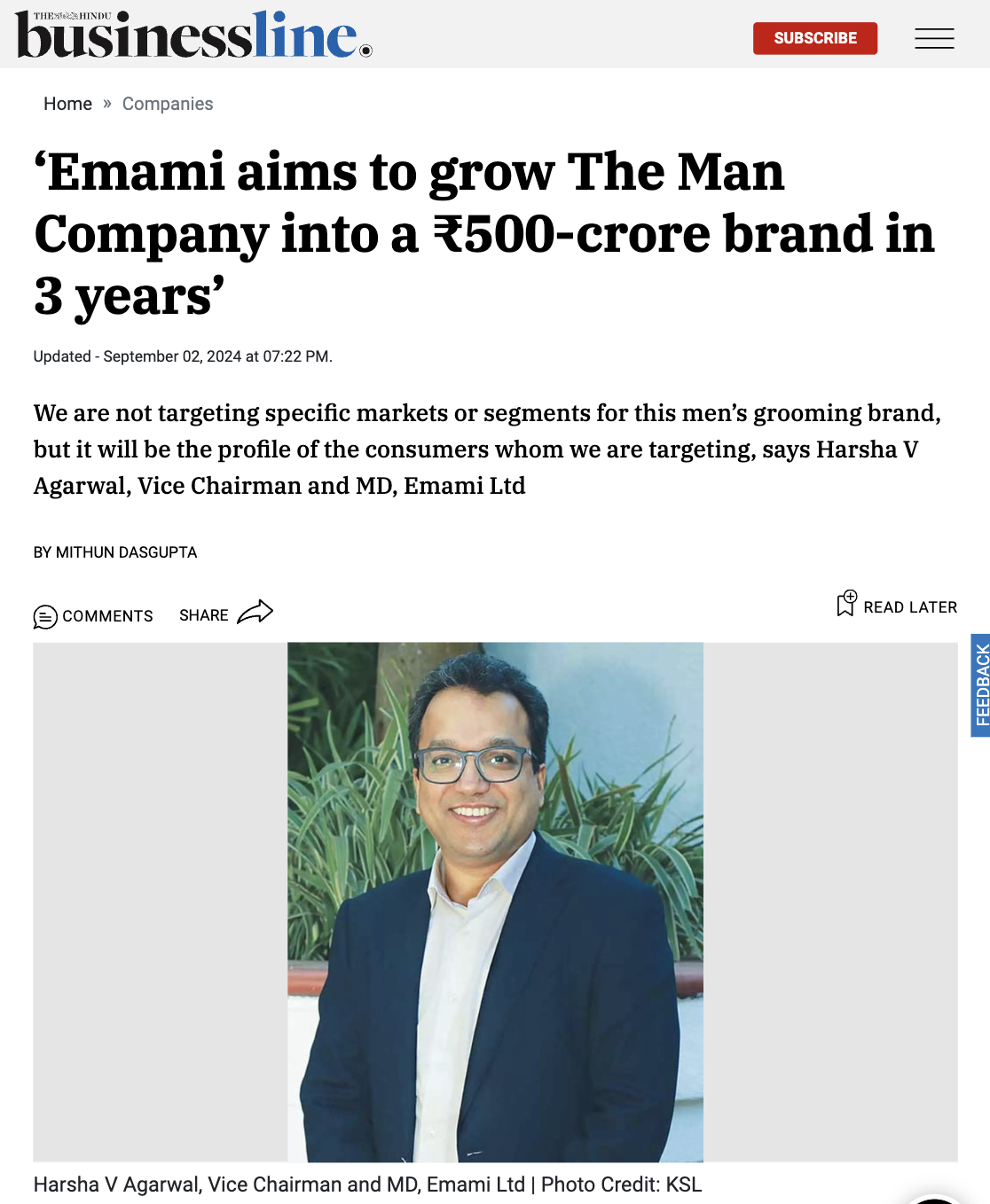 A news clipping from The Hindu business line about how Emami aims to grow The Man Company