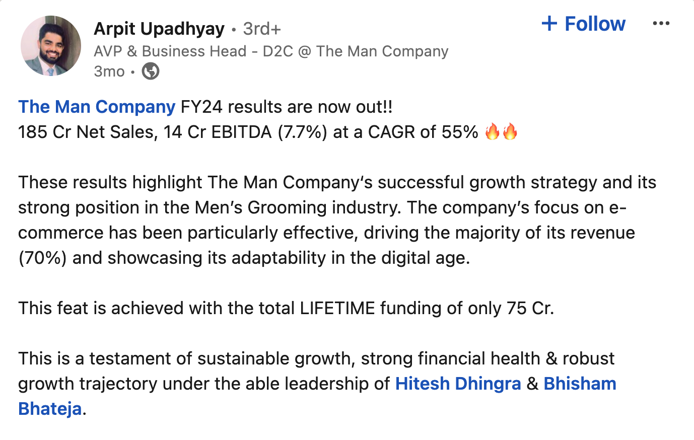 Arpit Upadhyay on LinkedIn about The Man Company's FY2024 results