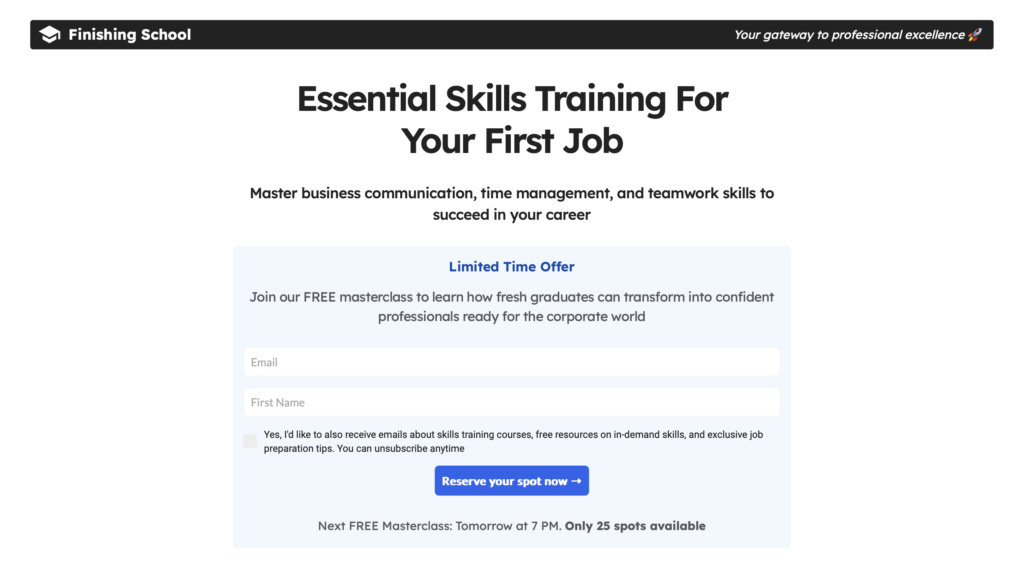 Essential Skills Training squeeze landing page above the fold screenshot