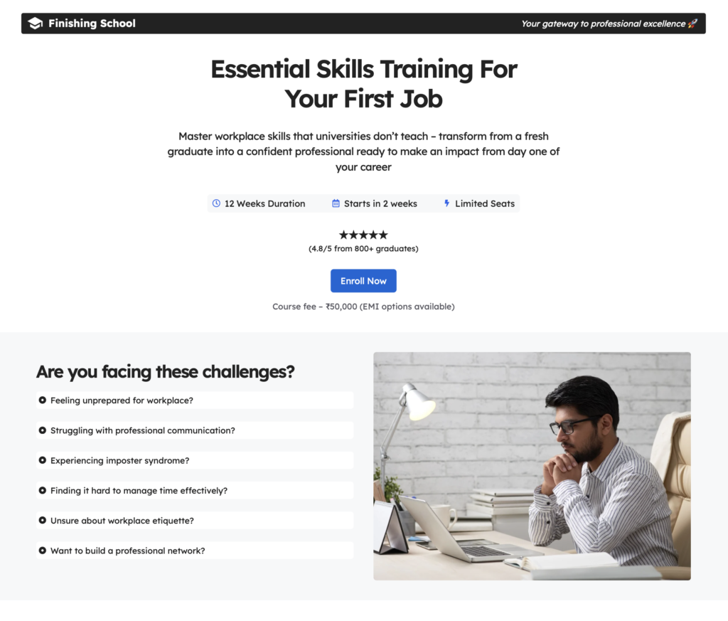 Essential Skills Training Course Sales Page above the fold screenshot