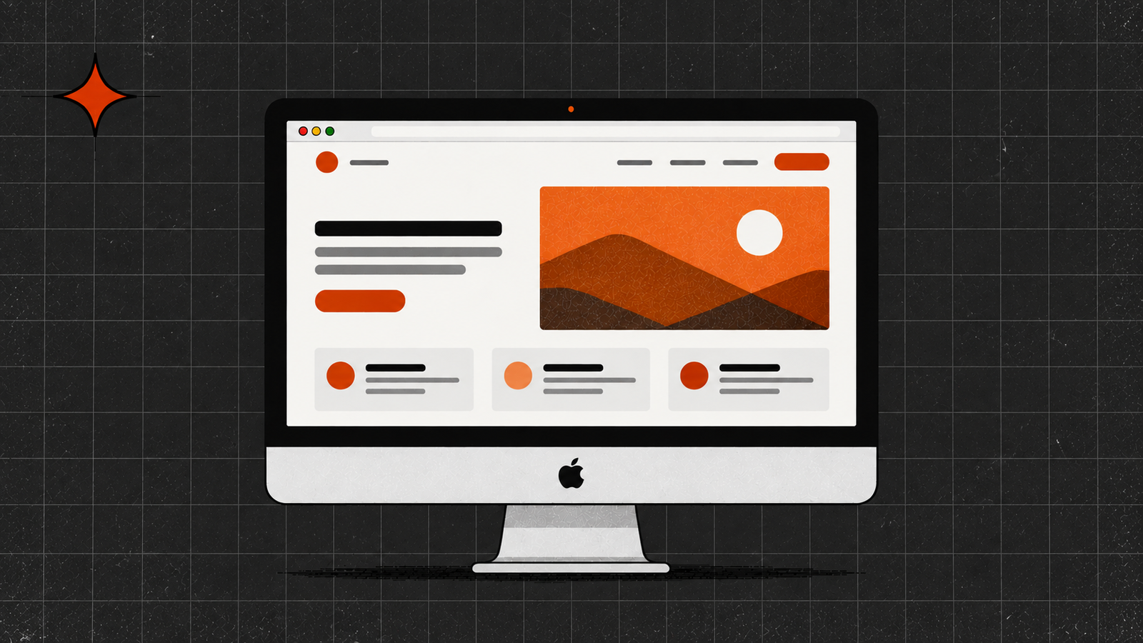 An illustration with an iMac and a mockup of a website