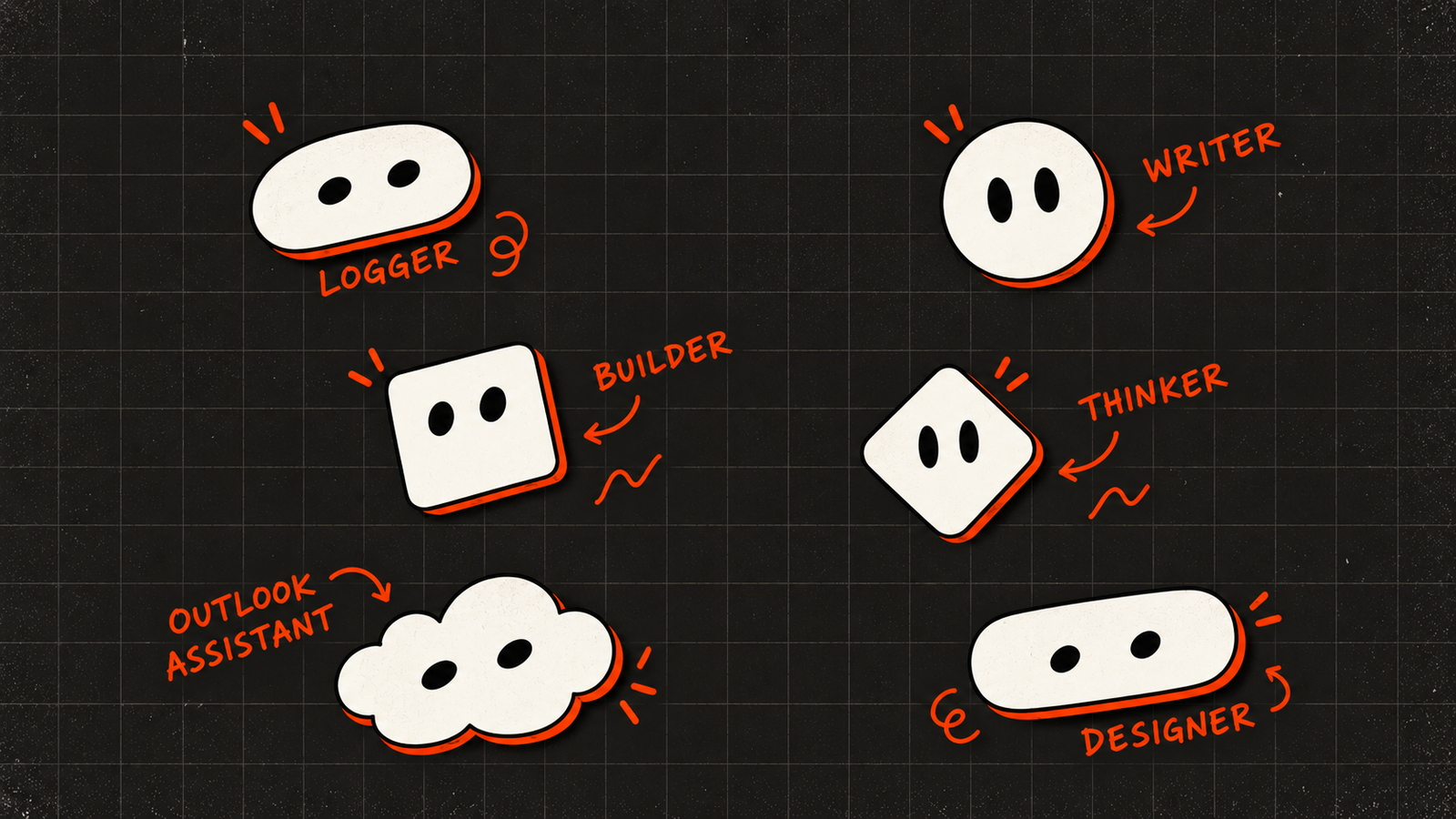 An illustration of different AI agents created for specific purposes like design, writing, email, etc.