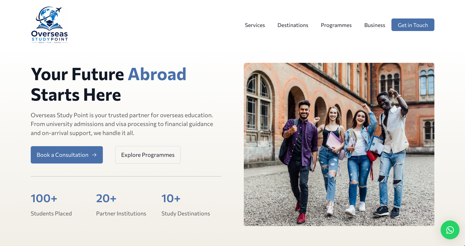 A screenshot of the hero section of the home page of Overseas Study Point