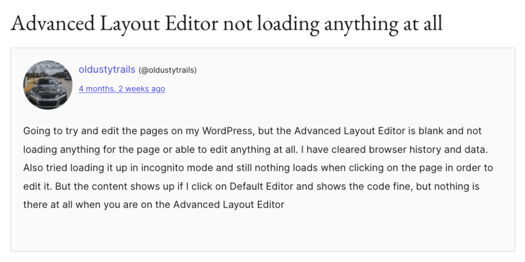 A screenshot of a post on Enfold's form from a user, about the Advanced Layout Editor bug