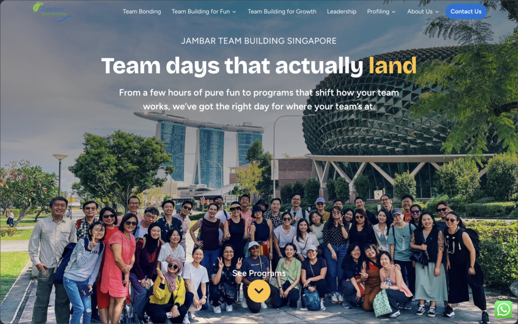 A screenshot of Jambar Team Building's homepage hero section after the rebuild
