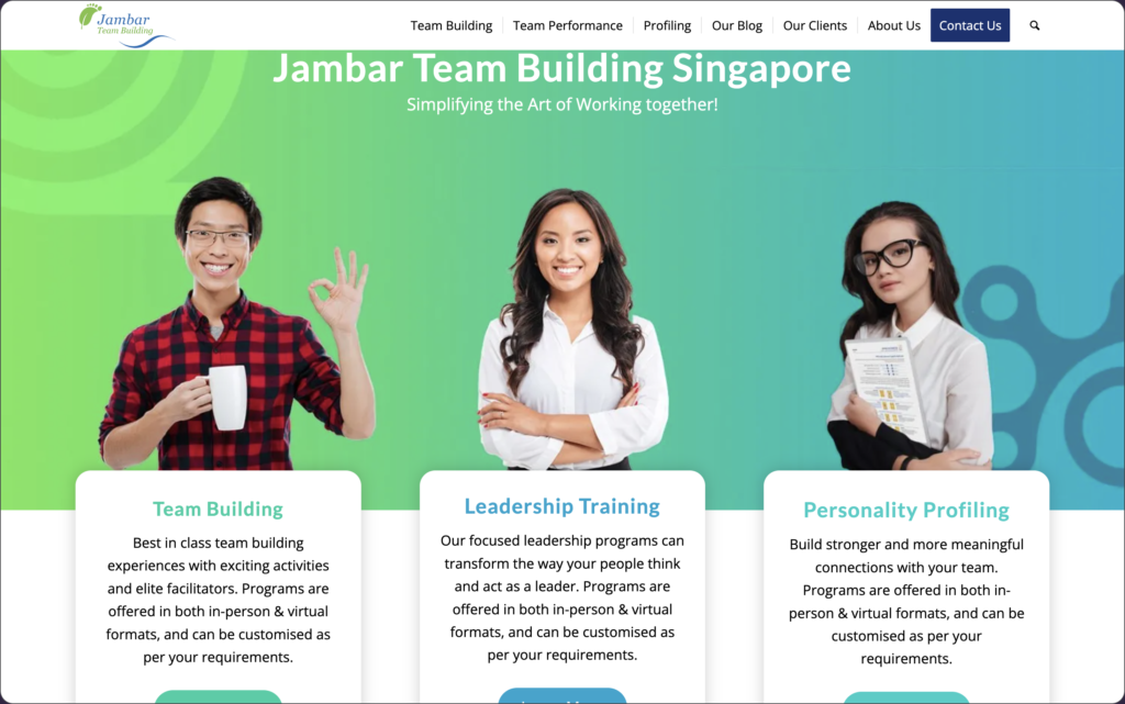 A screenshot of Jambar Team Building's homepage hero section before the rebuild