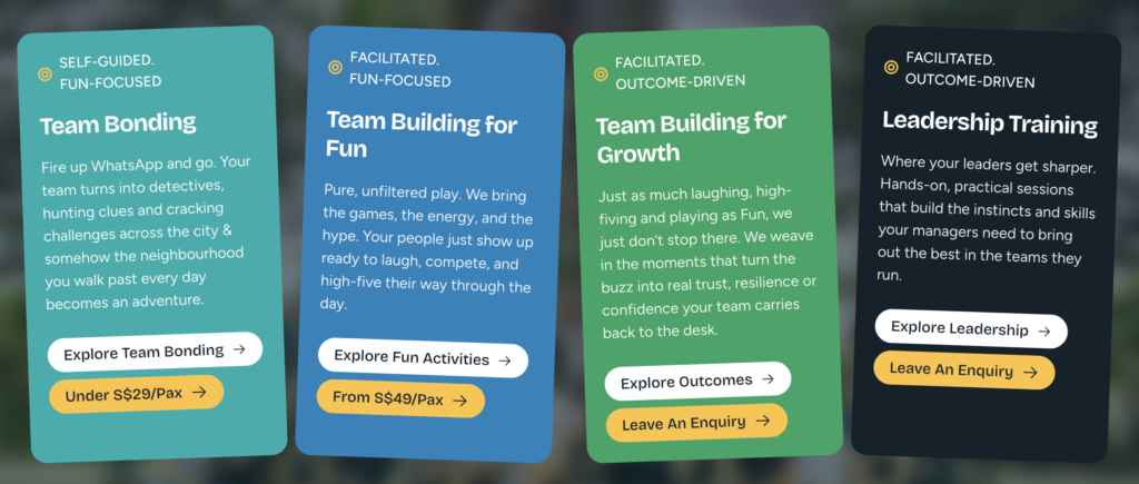 A screenshot of a section on the home page of Jambar Team Building site that shows different services offered