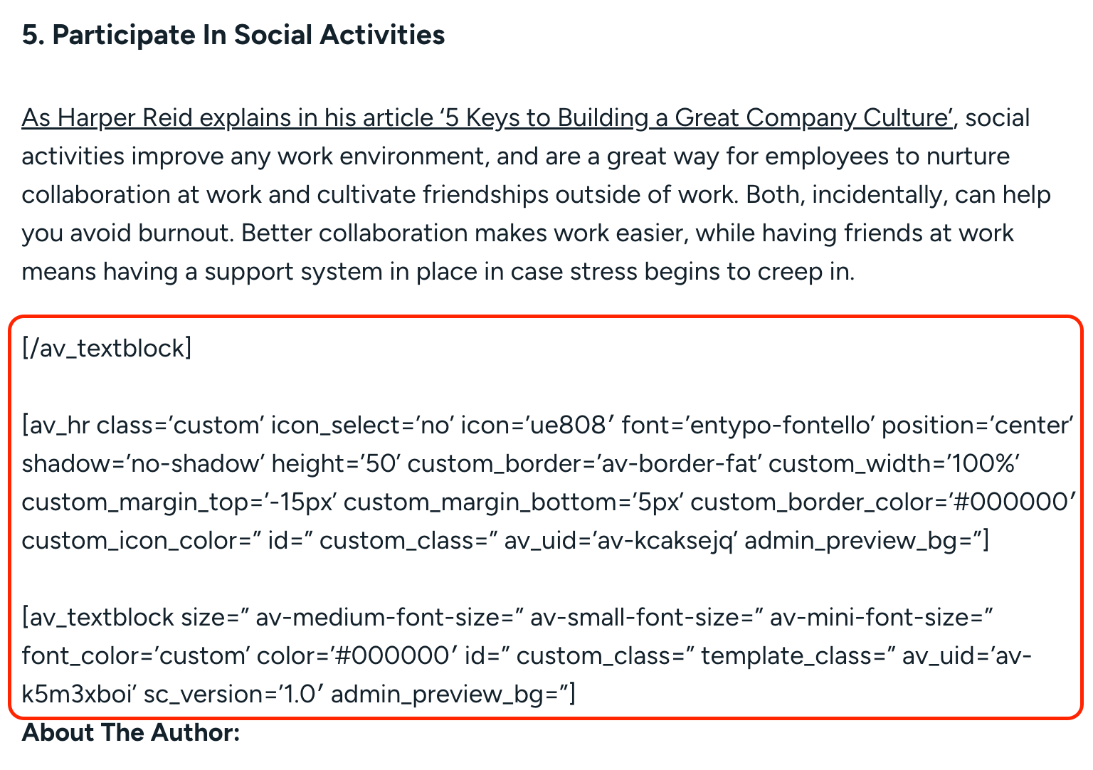 A screenshot showing how an imported blog post from a site with Enfold theme to another site looks like with ALE shortcodes nested in between text content